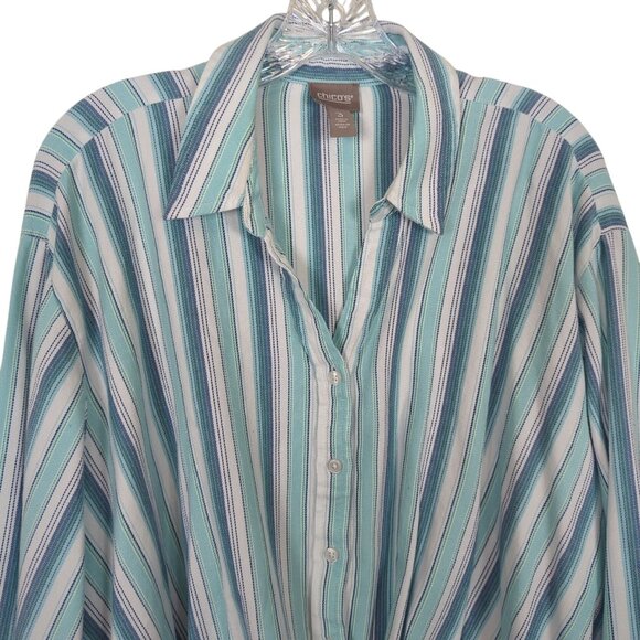 Chico's Striped blue white blouse sz 3 sz 16 with Twist front design Tab Sleeves - Picture 5 of 14